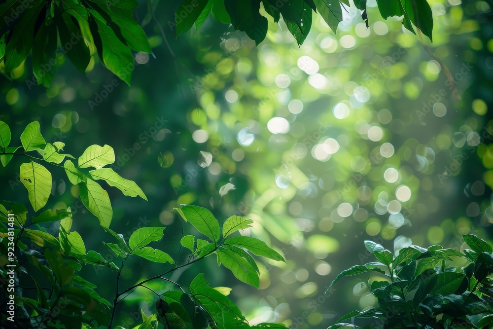 Poster the soft sunlight filters through lush green leaves in a dense forest, creating dappled spots of lig