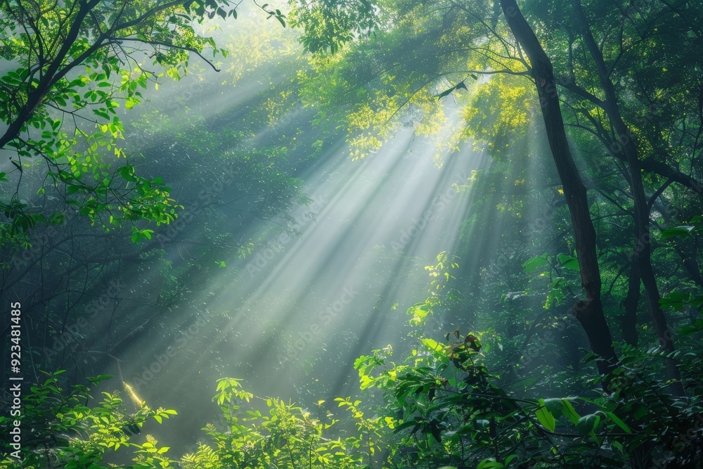 Poster bright rays of light breaking through the dense forest canopy, illuminating the lush greenery and cr