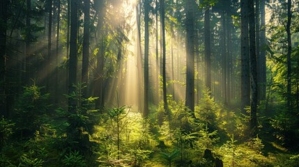 Fototapeta premium Golden sunlight flows through a dense magical forest, casting light upon the verdant undergrowth, creating an awe-inspiring view that foresees a peaceful harmony in nature.
