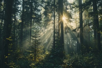 Obraz premium An idyllic forest scene where sunlight filters through tall tree trunks, lighting up the undergrowth and creating a mesmerizing atmosphere filled with natural beauty and calm.