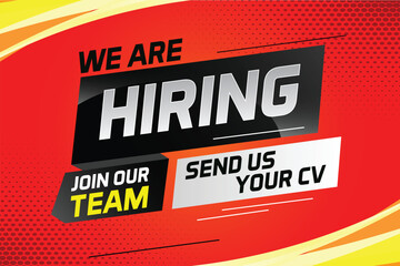 Hiring recruitment design for banner poster. We are hiring lettering with geometric shapes lines. Vector illustration typographic. Open vacancy design template

