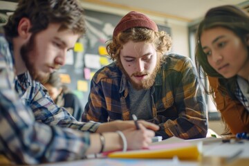 A group of young students is working collaboratively on a project in a classroom, focusing on brainstorming and discussing ideas for their assignment while sharing resources.