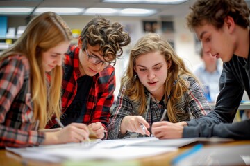 A group of students in a classroom are deeply engaged in a collaborative task, attentively focusing on their work while discussing and sharing ideas to complete their project effectively.