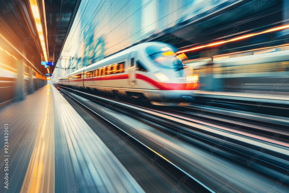 Aufkleber A high-speed train moves swiftly through a modern train station, with blurred motion capturing the speed and efficiency of contemporary rail travel.