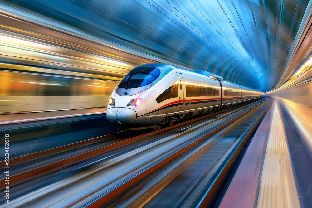 Aufkleber A high-speed train rushes through a brightly lit tunnel, highlighting the advanced engineering and rapid movement typical of modern rail travel, creating a dynamic scene.