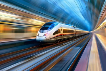 Fototapeta premium A high-speed train rushes through a brightly lit tunnel, highlighting the advanced engineering and rapid movement typical of modern rail travel, creating a dynamic scene.