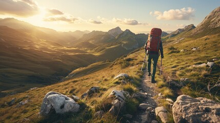 Fototapeta premium A lone hiker with a red backpack walks on a trail through mountainous terrain, illuminated by the warm glow of the setting sun, showcasing nature's tranquility and adventure.