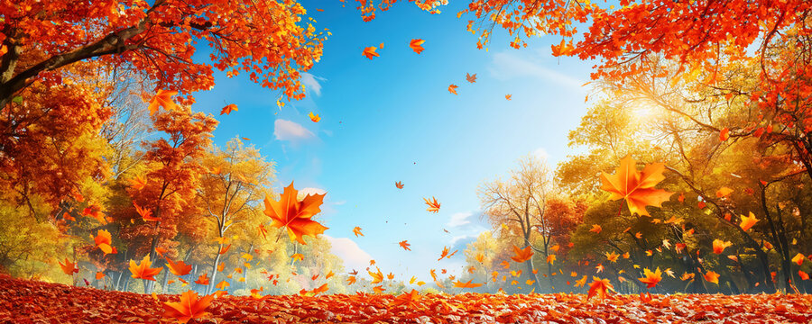 Vivid Autumn Illustration with Falling Leaves in Detailed Trees against Clear Blue Sky
