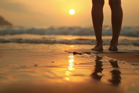A close-up shot of bare feet standing on a wet beach, with the golden hues of the setting sun reflecting off the water, evoking peace and contemplation.