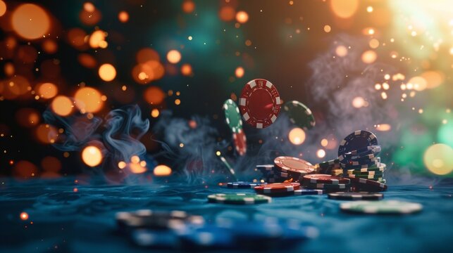 Colorful poker chips in mid-air on a casino table with lights and bokeh effects. Bright hues with a dreamy atmosphere. Useful for articles and blogs about gambling and casinos. AI
