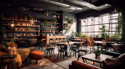 Modern Cafe Interior Design with Plants and Natural Light