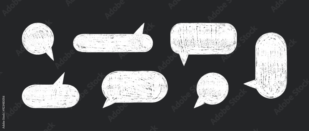 Aufkleber set of chalk speech bubbles in white color on dark background. round dialogue cloud templates with c
