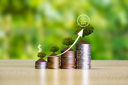 Carbon credit market and net zero exchange trading concept . green tree on Gold coin and upward arrow represent carbon reductions. carbon compensation emissions into the environment. .