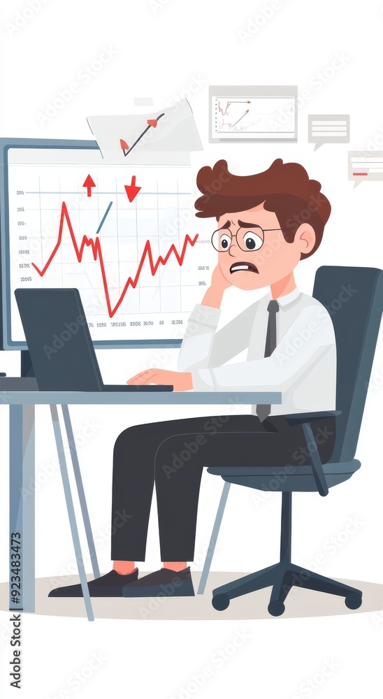 Poster stressed businessman analyzing declining stock market graph on computer screen in office