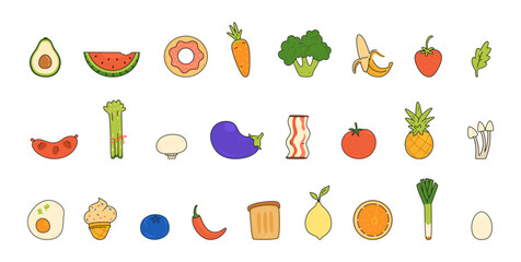 Obraz premium Food colorful vector illustrations with outline collection. Fruits, vegetables, berries and other food illustrations isolated on white.