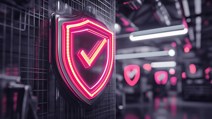 Abstract image featuring a neon shield with a checkmark symbol, symbolizing security and protection, against a blurred technological background.