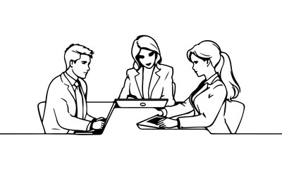 Business Group Trendy Line Art Drawing. Business People in Office Minimalistic Black Lines Drawing on White Background. Continuous One Line Abstract Drawing. Peoples Modern Design. Vector EPS 10