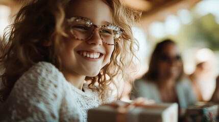 A young child holds a wrapped gift, possibly excited for the celebration, amidst an event filled with happiness, anticipation, and the presence of friends and family enjoying together.