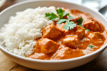 Indian chicken tikka masala with rice commercial advertising photo
