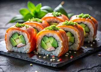Vibrant sushi rolls with fresh salmon, avocado, and cucumber, garnished with sesame seeds and wasabi, on a minimalist black stone table background.