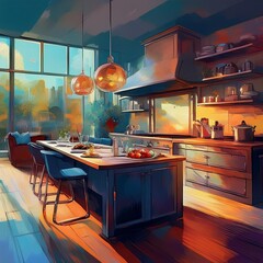 smart home luxury kitchen; cook at the table; modern loft