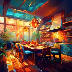 smart home luxury kitchen; cook at the table; modern loft