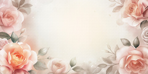 Watercolour delicate summer roses blossom composition in pastel background with copy space for multiple uses cards: wedding invitation, card design, spring floral invitation card, thank you card