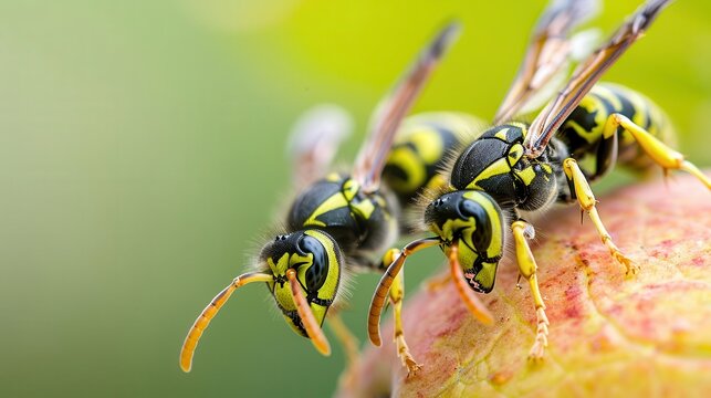 Threatening wasps in a fall orchard, attacking fruit pickers