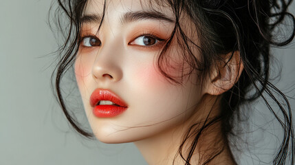 Close up portrait of beautiful female model with flawless make-up and neutral expression, highlighting facial features and makeup artistry, perfectly captured in HD beauty photography.