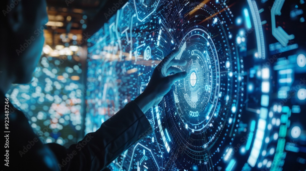 Poster A person engages with an intricate digital interface, manipulating and exploring vast streams of data illuminated in vibrant colors