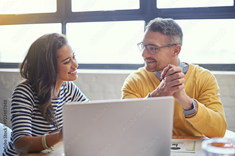 Wall mural Business people, consulting and meeting with laptop in office for IT project, review and feedback. Happy, manager and employee with tech at desk for software development, solution and progress update