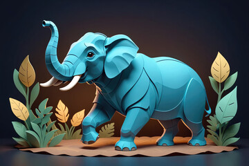 Handcrafted Blue Elephant Sculpture Surrounded by Colorful Tropical Foliage in Artistic Display