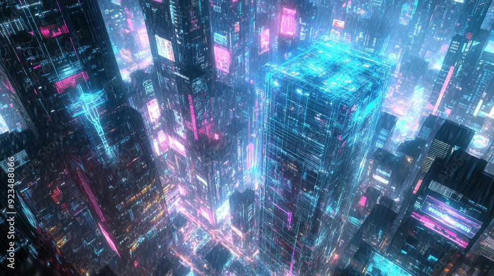 Wall mural cyberpunk cityscape: neon lights and futuristic architecture