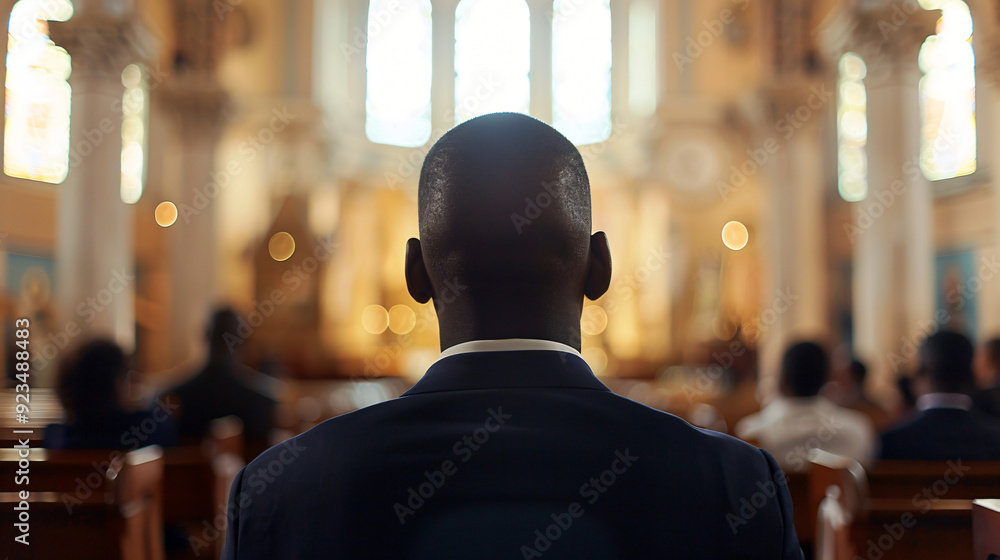 Wall mural Businessman sits among fellow churchgoers during a mass in the church pew