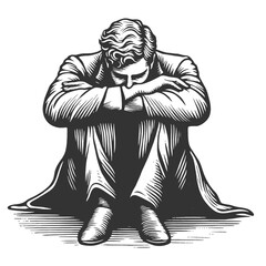 Fototapeta premium man sitting with his head resting on his arms, deep sense of sadness or despair, sketch engraving generative ai fictional character vector illustration. Scratch board imitation. Black and white image.