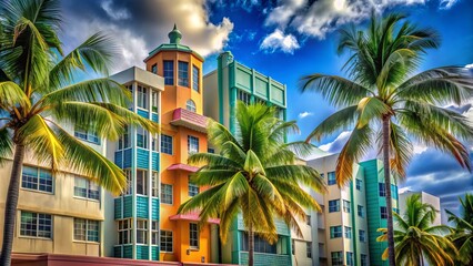 Naklejka premium majestic royal palms stand tall amidst art deco architecture with bold vibrant colors and strong graphic lines in a stylized retro-inspired miami beach scene