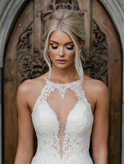 Fototapeta premium beautiful bride in a white wedding dress in front of a vintage church door. generative ai