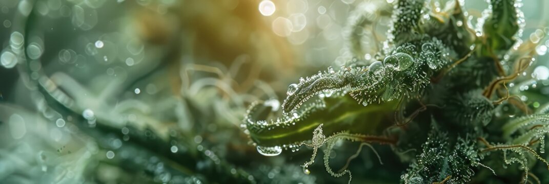 Detailed view of a cannabis plant featuring whole live resin THC-A crystals and terpene sauce.
