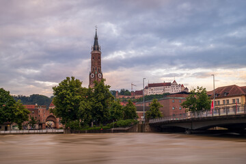 View of the old town of Landshut during flooding on the Isar, Germany.