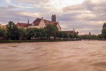 View of the old town of Landshut during flooding on the Isar, Germany.