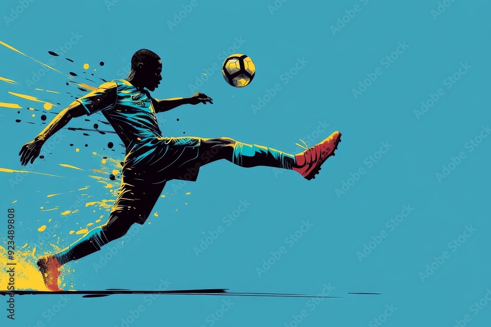 Poster dynamic illustration of a soccer player in action with vibrant splashes