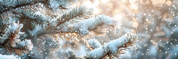 Snowy Pine. Winter Wonderland Panoramic Nature Background with Frosty Pine Trees