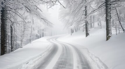 Obraz premium Snowy Roads. Winter Landscape with Cold Snowy Road and Tree Silhouettes