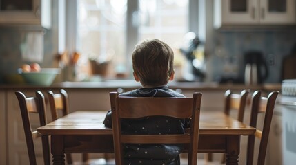 Social Problems: Lonely Child at Empty Dining Table in Kitchen. Back View