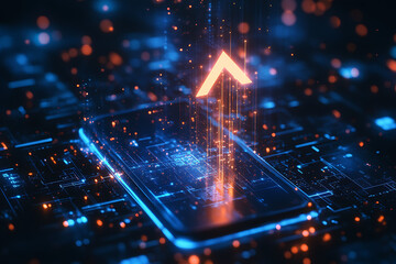 Abstract digital background showcasing many different-sized arrows pointing up on a smartphone screen, representing growth and progress