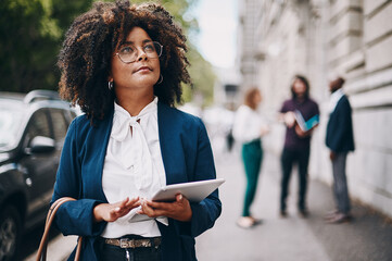 Business, woman and thinking with tablet in city for location search, information and...