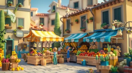 Create a 3D scene of a lively market square.