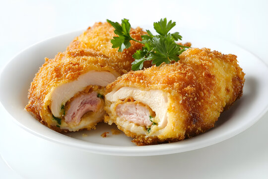 Plate of Chicken Cordon Bleu Isolated on a white Background
