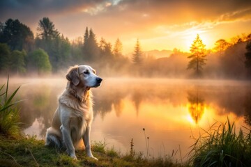 misty dawn loyal friend upward glance foggy atmosphere soft warm tones serene surroundings peaceful moment