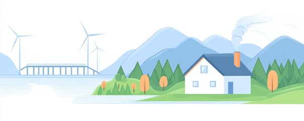 Fototapeta premium Scenic countryside house with wind turbines and mountain landscape